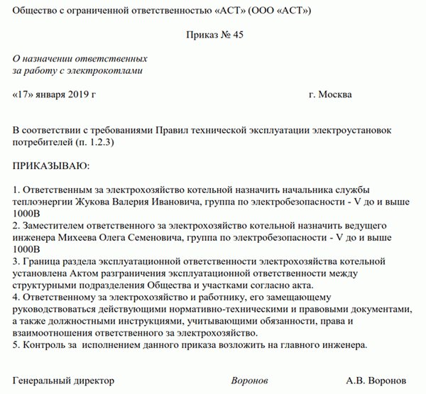 Образец Приказа О Назначении Ответственного За Электрохозяйство.