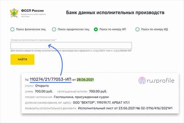 Поиск номера исполнительного производства в базе данных Федеральной службы судебных приставов