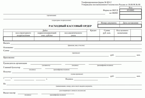 Форма ко 2 расходный кассовый ордер образец заполнения