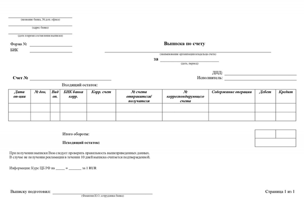 Форма банковской выписки