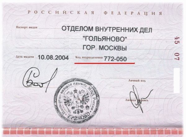 Подразделы российского паспорта Код.