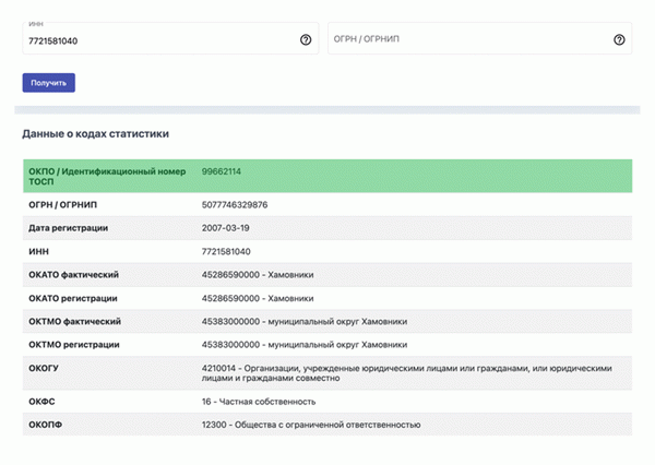 окпо по инн в сервисах росстата